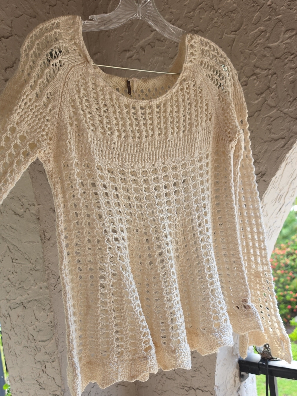 Free People Cream Open-Knit Scoop Neck Sweater